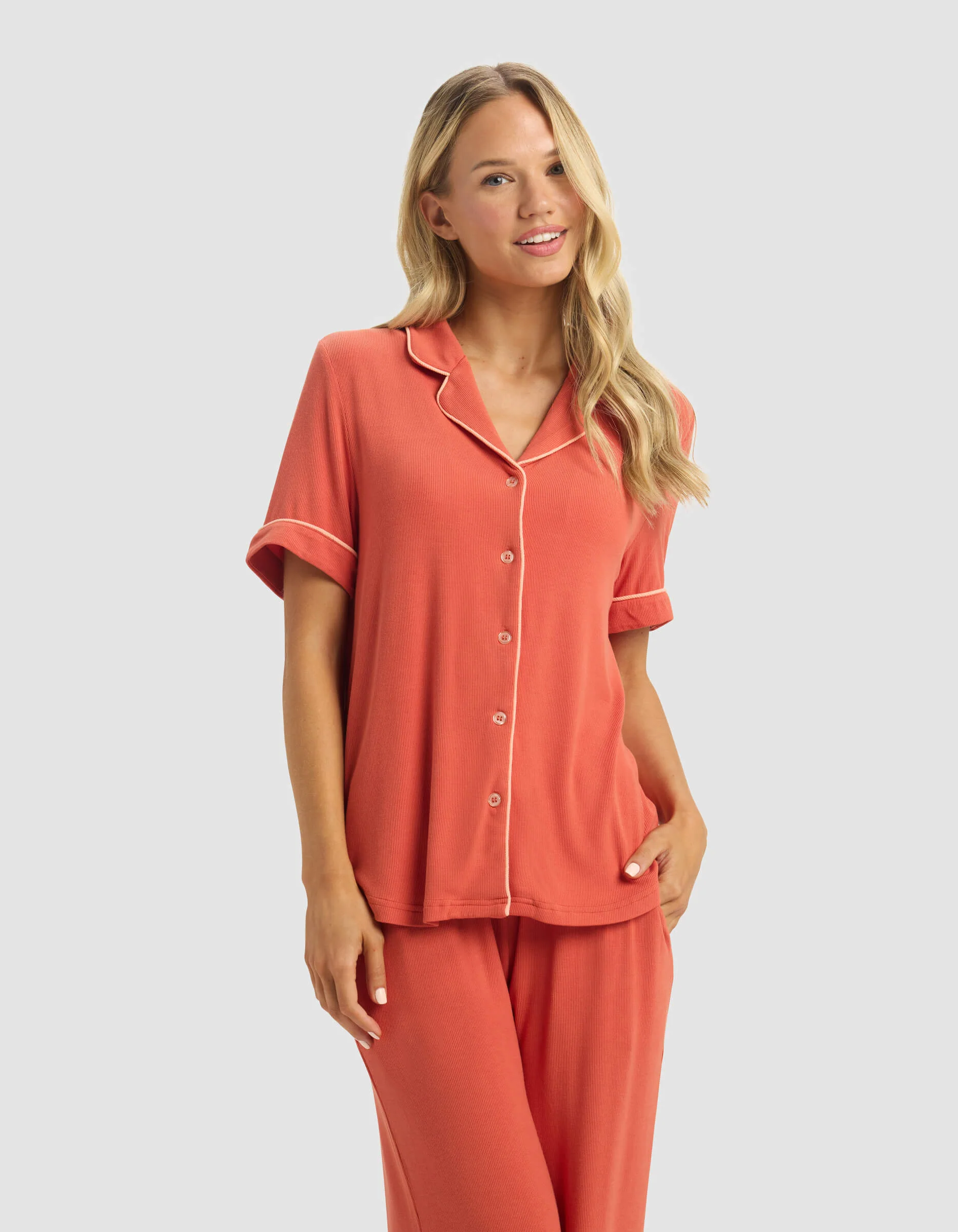 Women's Rib-Knit Classic Short Sleeve & Pant Pajama Set - Image 11