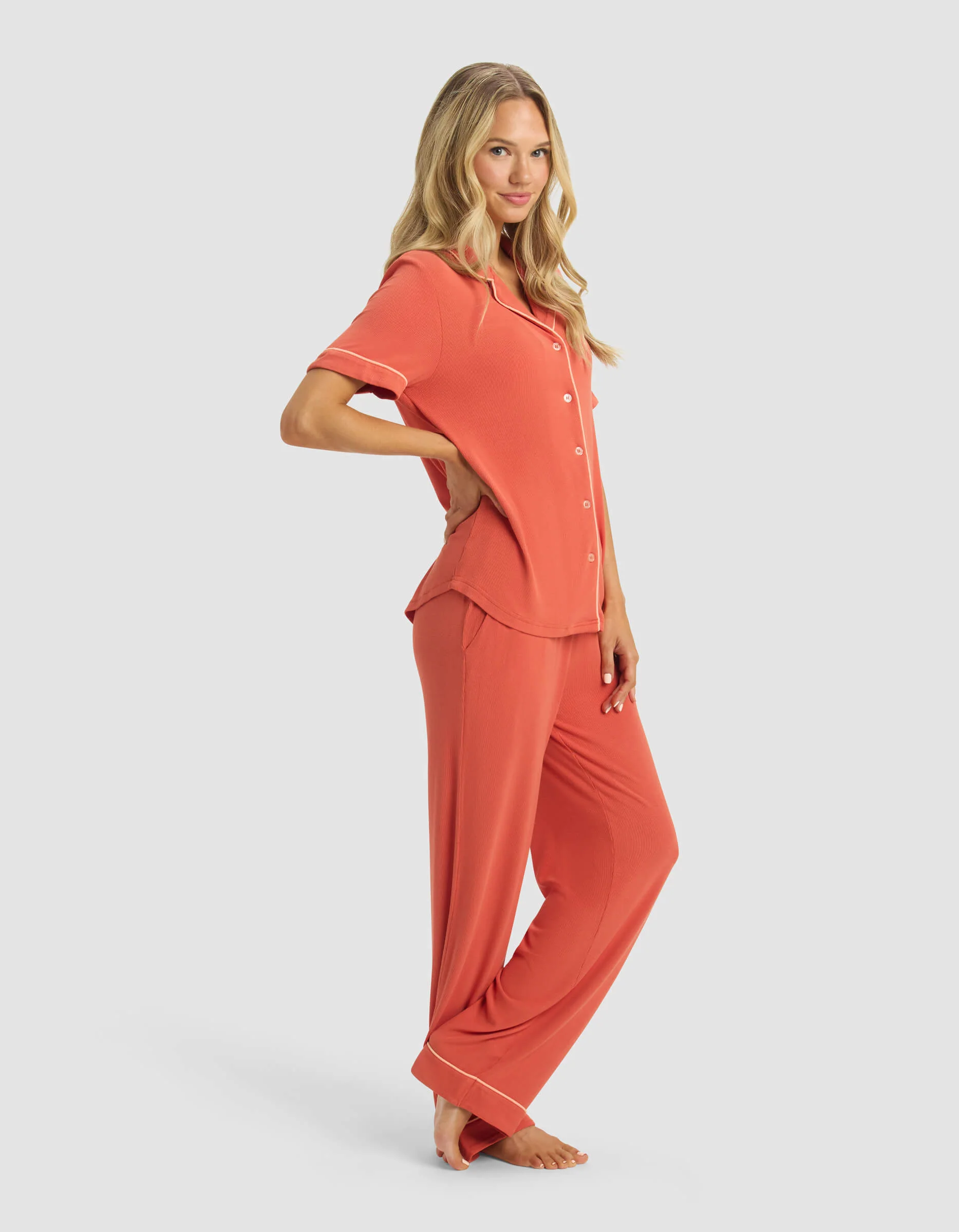 Women's Rib-Knit Classic Short Sleeve & Pant Pajama Set - Image 9